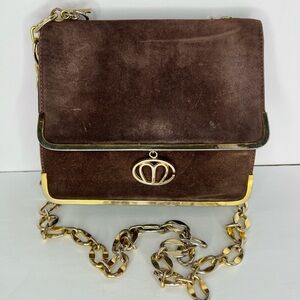 Vintage Mark Cross Brown Suede Shoulder Bag with Gold Chain